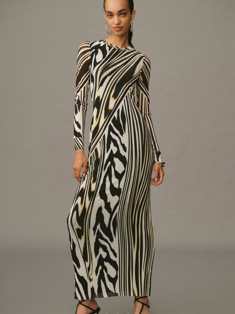AFRM Long-Sleeve Mesh Maxi Dress in Black, White & Gold